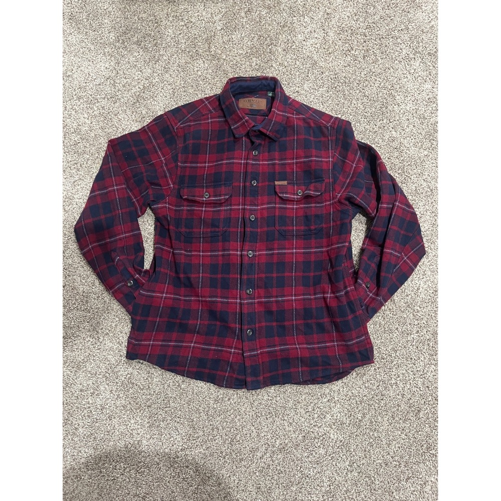 Orvis‎ Mens Red Navy Blue Plaid Flannel Button Down Shirt Classic Collection M